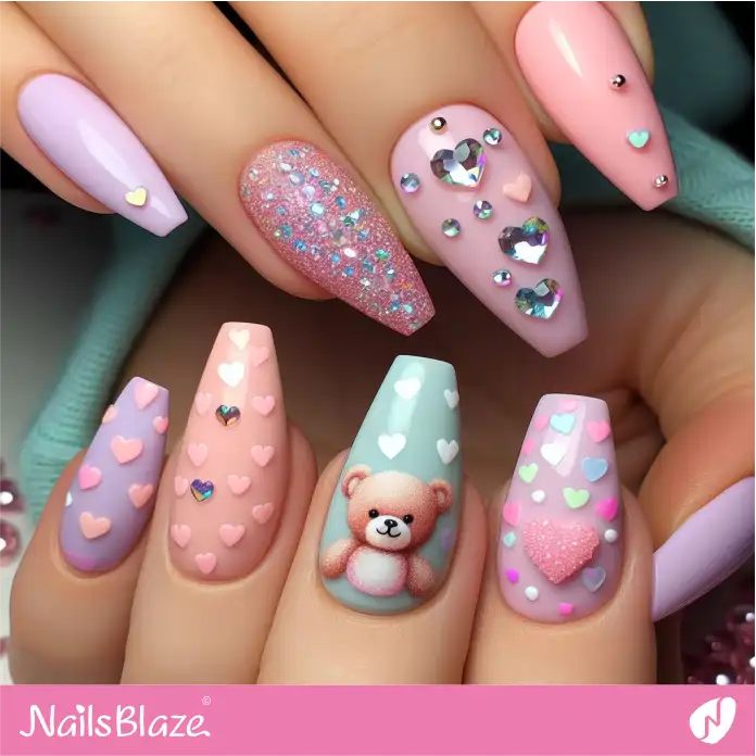 Embellished Colorful Pastel Nails with Teddy | Valentine Nails - NB2421